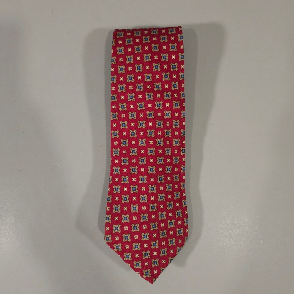 Brooks Brothers Tie Mens OS Red Geometric Silk Cotton Medallion Made in USA